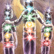 I AM a Rainbow book illustration of children and teacher walking with chakras glowing